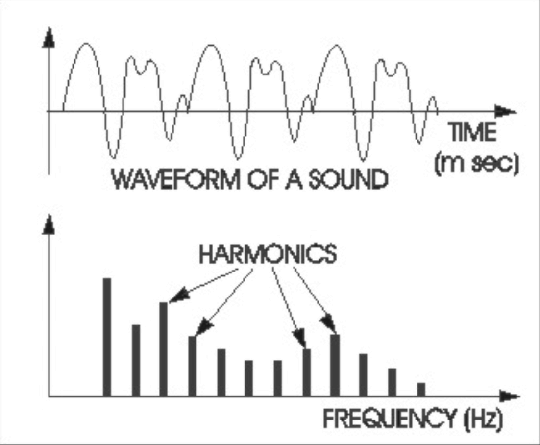 A musical sound can be represented as a waveform or as a spectrum.